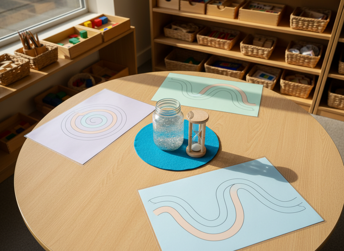An overhead photographic view of a primary school table set up for a mindful breathing activity, with four colorful, laminated paper ‘breathing paths’ shaped like spirals and waves, each in different pastel tones. At the center sits a clear glass jar filled with water and glitter, capturing soft window light, with a wooden hourglass and a felt mat in soothing blue beneath it. Surrounding shelves show neatly arranged, age-appropriate learning materials, all text-free, in warm wooden boxes. Natural mid-morning light from a nearby window creates gentle reflections on the glass and smooth, soft shadows on the table, giving a playful yet calm atmosphere that feels safe, structured, and inviting for diverse young learners.