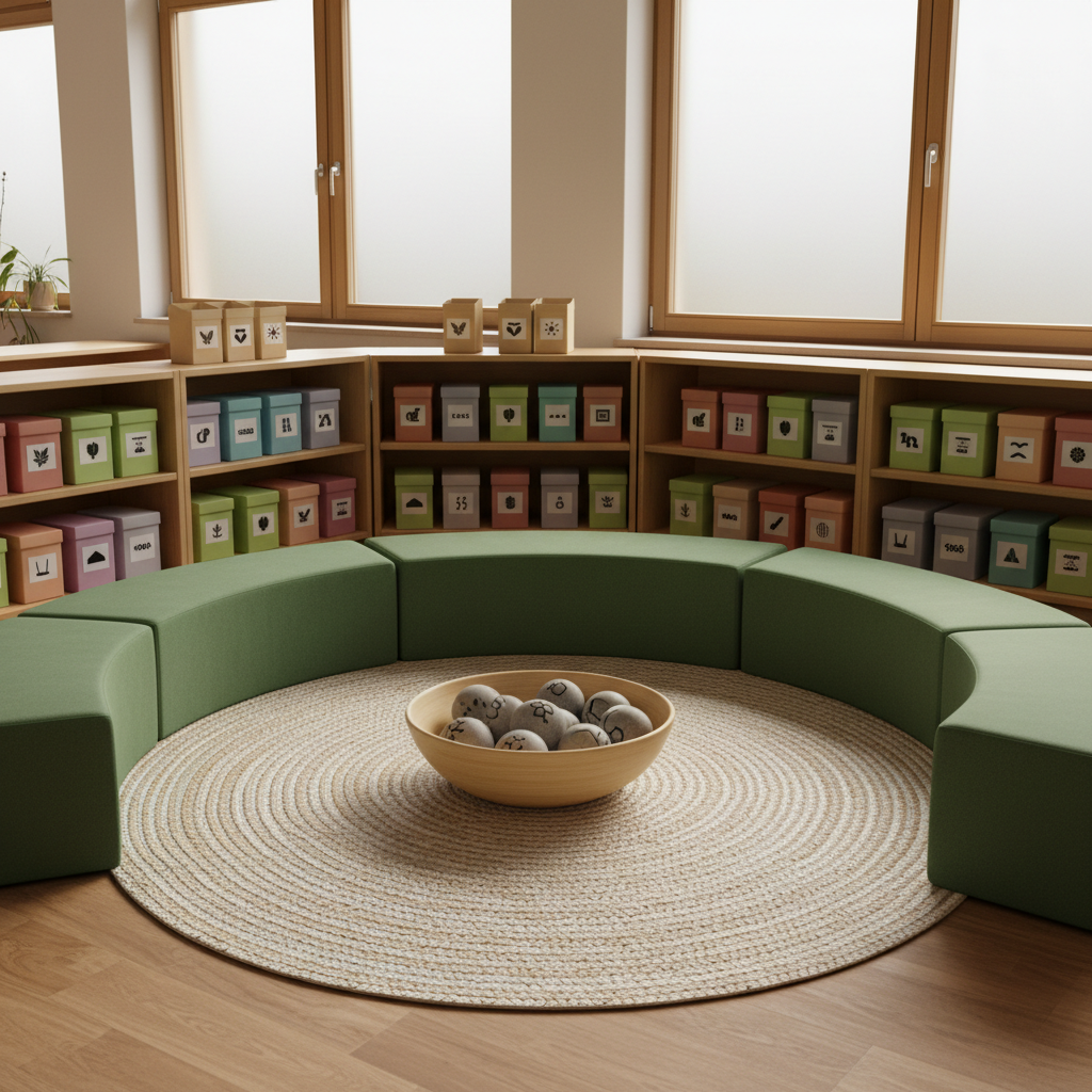 A tranquil mindfulness corner in a German-speaking school, designed without people, featuring low, cushioned benches upholstered in muted forest green fabric surrounding a circular natural-fiber rug. In the center stands a smooth wooden bowl filled with polished river stones engraved with tiny abstract shapes instead of words. Behind, tall shelves hold neatly stacked, colorful, age-appropriate materials in cardboard boxes marked only by subtle icons. Diffused overcast light falls through frosted classroom windows, creating soft, even illumination and gentle shadows. Photographic realism, shot from a slightly elevated angle with balanced composition, conveys a calm, inclusive space where students of all backgrounds could retreat for short mindfulness breaks, emphasizing safety, warmth, and focus.