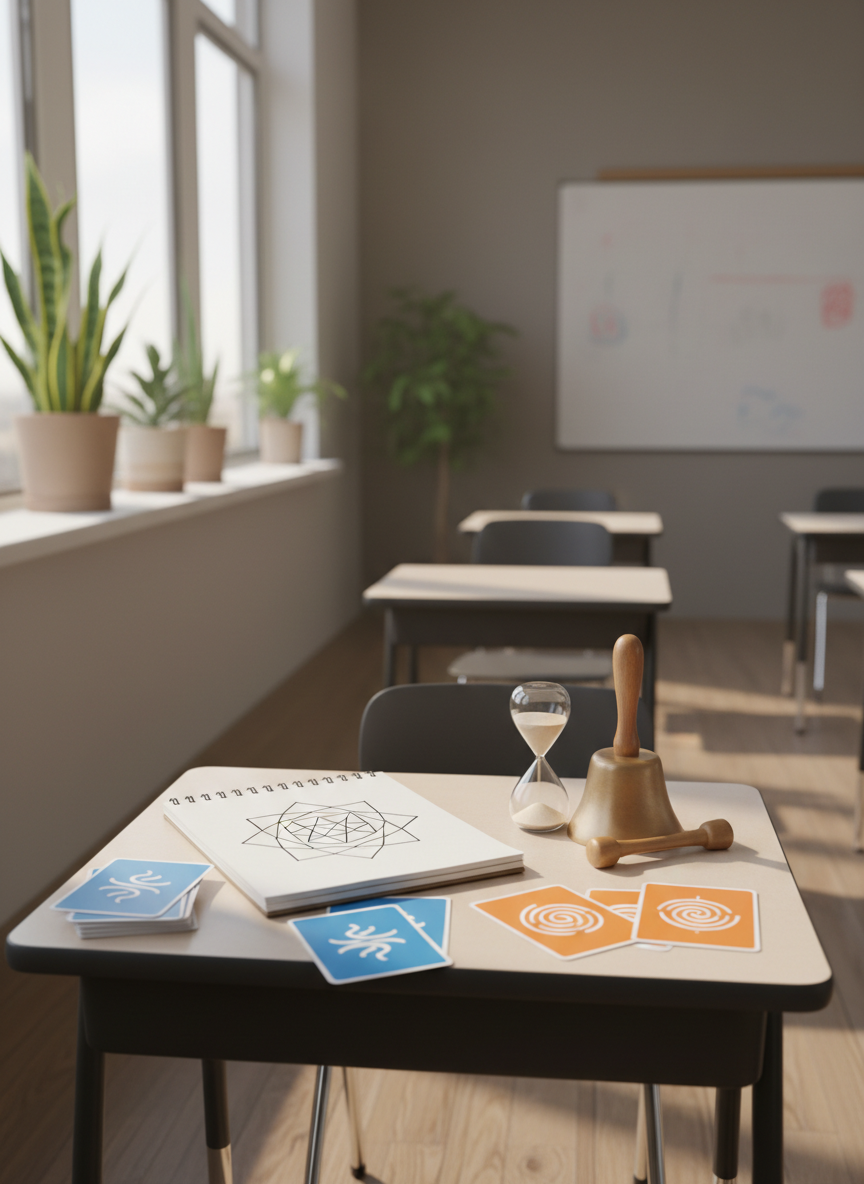 A neatly organized teacher’s desk in a bright, modern classroom, featuring an open notebook with a simple mandala pattern, a smooth wooden mindfulness bell, and a small sand timer with fine, pale-gold grains. Around the desk lie color-coded, age-appropriate teaching cards showing abstract symbols for attention and breathing, without any text. Soft morning daylight streams through large windows, illuminating calm green plants on a nearby shelf and casting gentle, elongated shadows. Photographic realism from an eye-level perspective, with a shallow depth of field that keeps the desk objects in crisp focus while the safe, tidy classroom environment fades into a soft, neutral bokeh, creating a serene and professional atmosphere of mindful education.