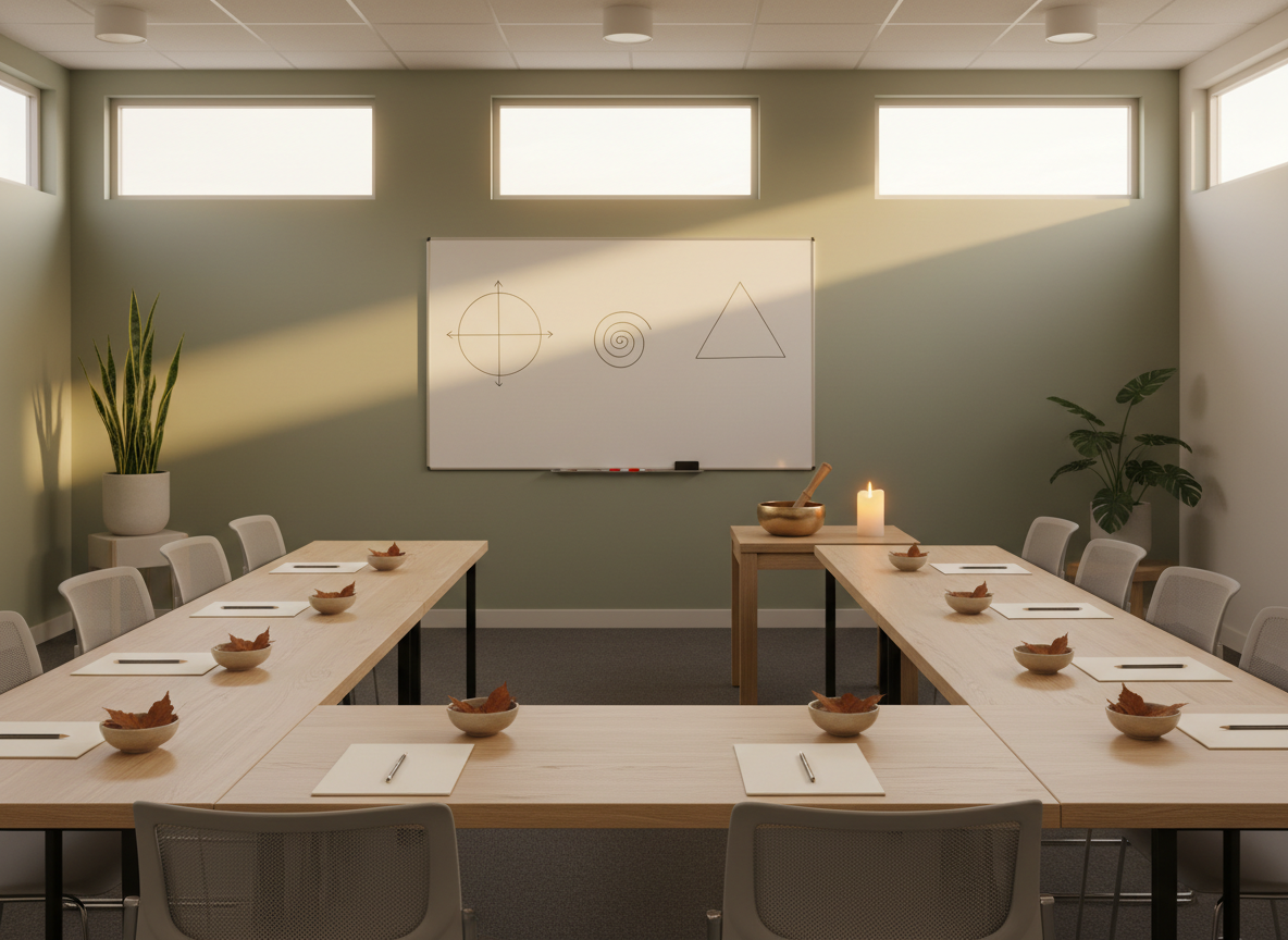 A tidy training room for teachers focused on mindfulness, with a long light-oak table arranged in a U-shape, each place set with a blank notepad, a smooth graphite pencil, and a small, matte-ceramic bowl holding a single autumn leaf. At the front, a large whiteboard displays only simple geometric diagrams, no text, next to a low table with a singing bowl and a flicker-free LED candle. Warm, indirect ceiling lighting combines with soft late-afternoon daylight from high windows, creating a cozy yet professional mood. Photographic realism at eye level with sharp focus throughout, showing ergonomic chairs, neutral wall colors, and subtle plants, evoking a supportive, reflective environment for teacher training in mindful education.